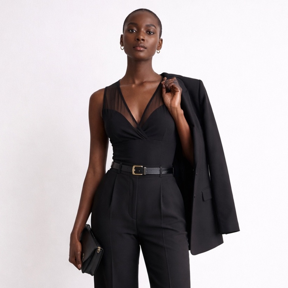 DYNAMITE - Sculpt Mesh Bodysuit – Sheer Plunge Black Bodysuit | Size L